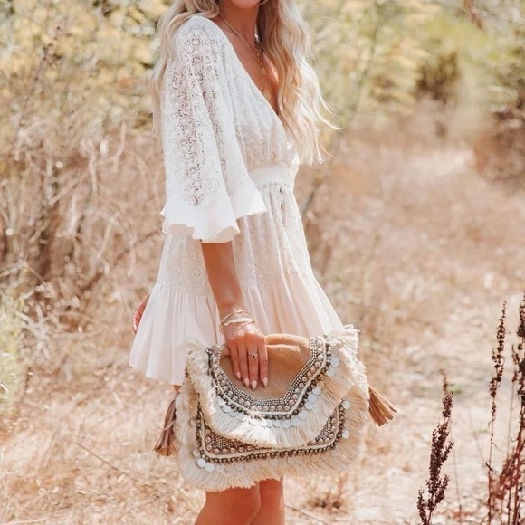 838. LAST 1! Bibi Lace Bohemian White CLEARANCE button flutter dress romper - Picture 6 of 8